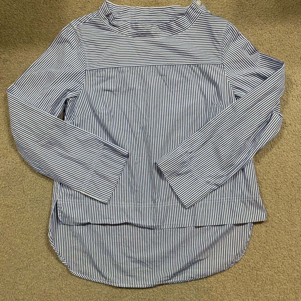 J. Crew Blue and White Striped Shirt with buttons along the shoulder Size 6
